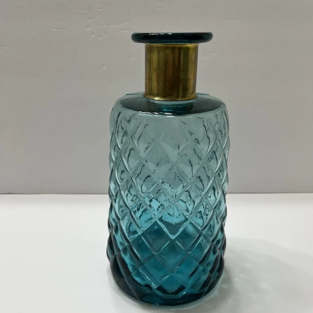 Decorative Teal Vase Diamond Patterned Glass Gold Toned Collar 9.5x4